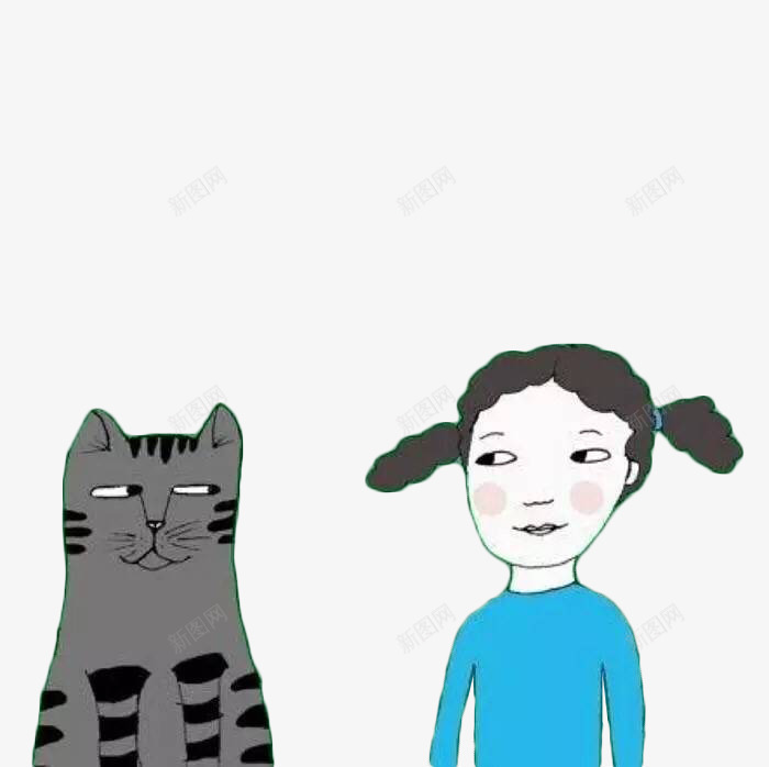 猫咪与女孩psd免抠素材_88icon https://88icon.com 对视 手绘 扎辫子的女孩 灰色斑纹猫咪 蓝色
