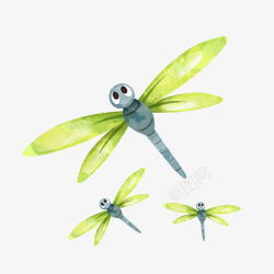 手绘三只绿色蜻蜓素材