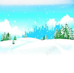 蓝色手绘城市建筑雪地素材