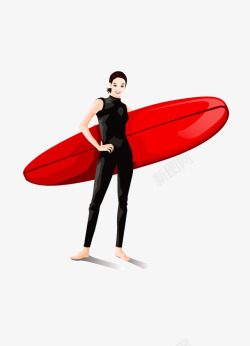 冲浪爱好者拿着冲浪板的卡通美女高清图片