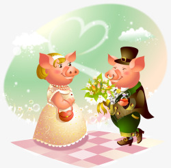 卡通风格可爱猪猪和仙鹤情侣素材