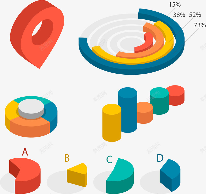 手绘立体数据矢量图ai免抠素材_88icon https://88icon.com 彩色 手绘 柱状图 环形图 立体数据 饼状图 矢量图