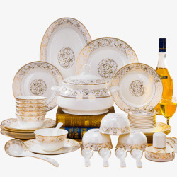 白金色耳坠描金边的餐具瓷碗高清图片