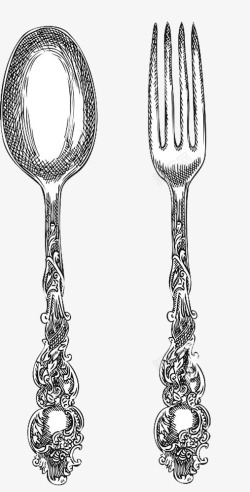 铅笔手绘插图餐具勺子叉子素材