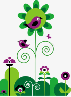 绿色清爽春天花朵小鸟可爱素材