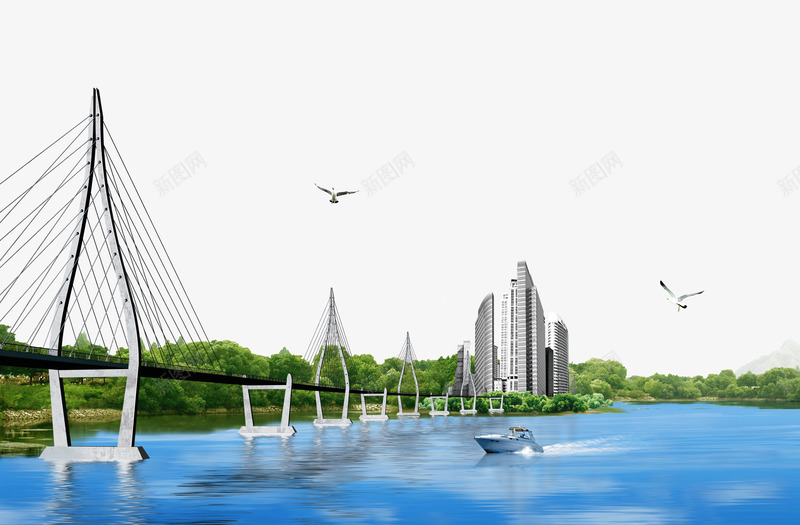 跨海大桥png免抠素材_88icon https://88icon.com 大桥 大海 快艇 树林 绿色 蓝色