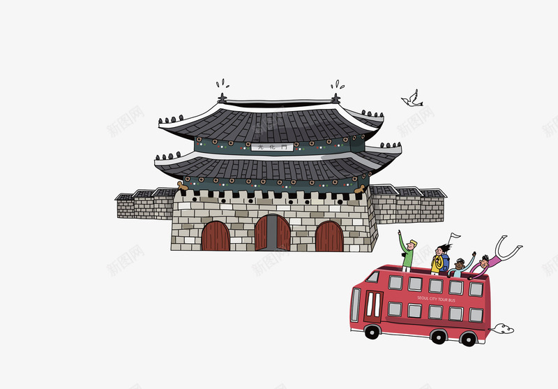 卡通手绘游玩古建筑png免抠素材_88icon https://88icon.com 人物 卡通 古朴 建筑 手绘 旅游 汽车 红色