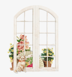窗户外的花朵和猫咪素材