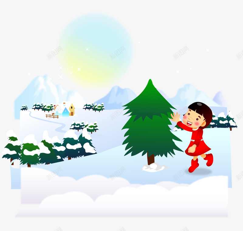 冬日松树前玩耍的女孩png免抠素材_88icon https://88icon.com 女孩 房子上的雪 雪地 雪山坡 雪松