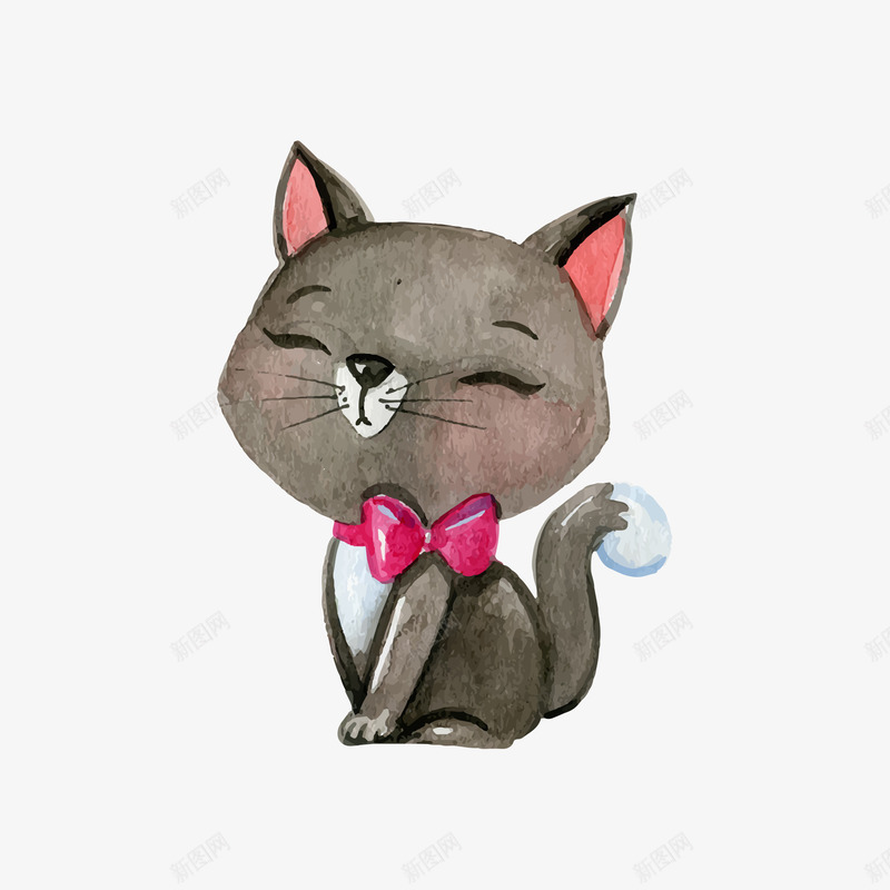 水彩猫咪矢量图ai免抠素材_88icon https://88icon.com 可爱 灰色 猫咪 蝴蝶结 矢量图