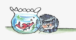 卡通猫咪和鱼缸几米漫画矢量图素材