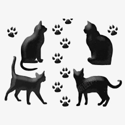 四只黑色卡通猫咪和脚印素材