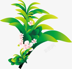 绿色卡通清爽春天树叶粉色花朵素材