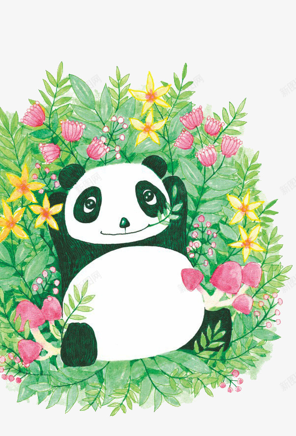 躺在花丛里的熊猫png免抠素材_88icon https://88icon.com 国宝 手绘 插画 熊猫
