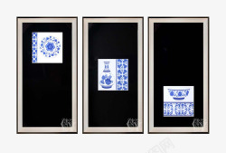 中式软装黑底青花瓷花样竖版壁画素材
