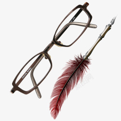一副眼镜和一只羽毛笔素材