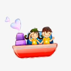 2个小朋友坐在船上游玩素材