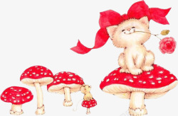 红色蘑菇可愛貓咪坐在蘑菇上高清图片
