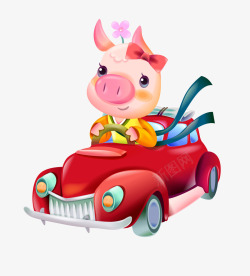 卡通红色可爱小猪开车矢量图素材