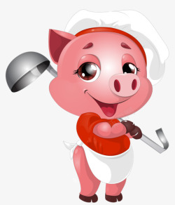 卡通背勺子粉色厨师小猪素材