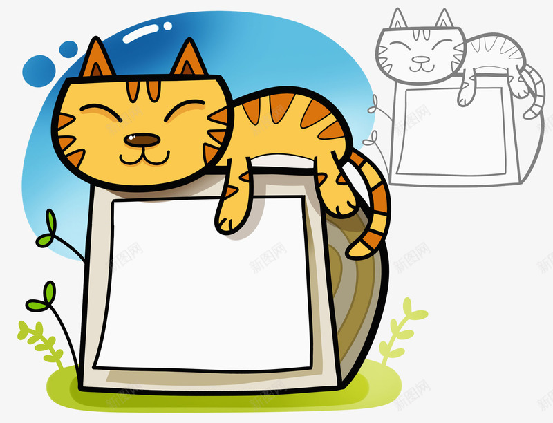 可爱猫咪png免抠素材_88icon https://88icon.com 可爱 宠物 手绘 斑纹 标签 猫咪 睡觉 绿叶 蓝色背景 躺被窝里的卡通猫