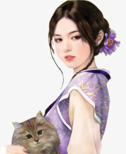 猫咪紫衣素雅古风手绘素材