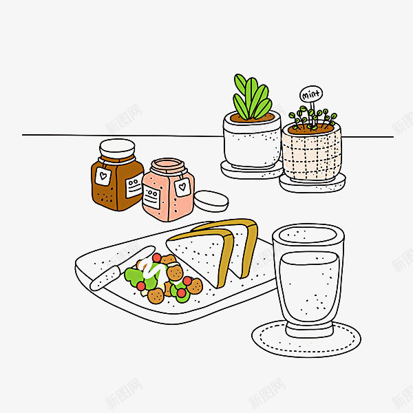 简餐2png免抠素材_88icon https://88icon.com 厨房 插画 植物 面包 食品 餐具 饮料