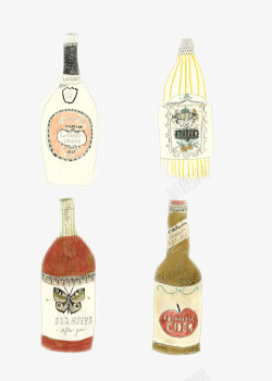 复古手绘四种酒瓶素材