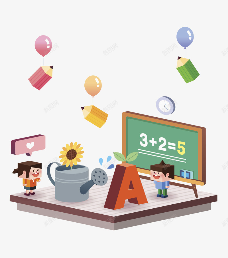 扁平风教学场景图png免抠素材_88icon https://88icon.com 卡通 字母 插图 教学 气球 水壶 漂浮的 黑板