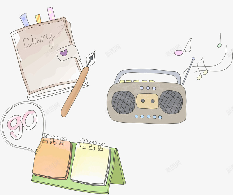 彩色手绘活页台历png免抠素材_88icon https://88icon.com 彩色手绘 收音机 日记事 活页 活页圈 活页夹 线圈 金属圈 钢笔