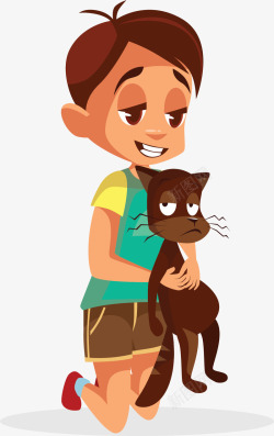 抱着猫咪的卡通男孩矢量图素材