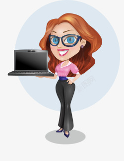卡通戴眼镜商务美女拿笔记本电脑素材