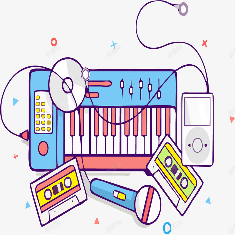 音乐话筒电子琴png免抠素材_88icon https://88icon.com 创意 电子琴 碟子 磁带 话筒
