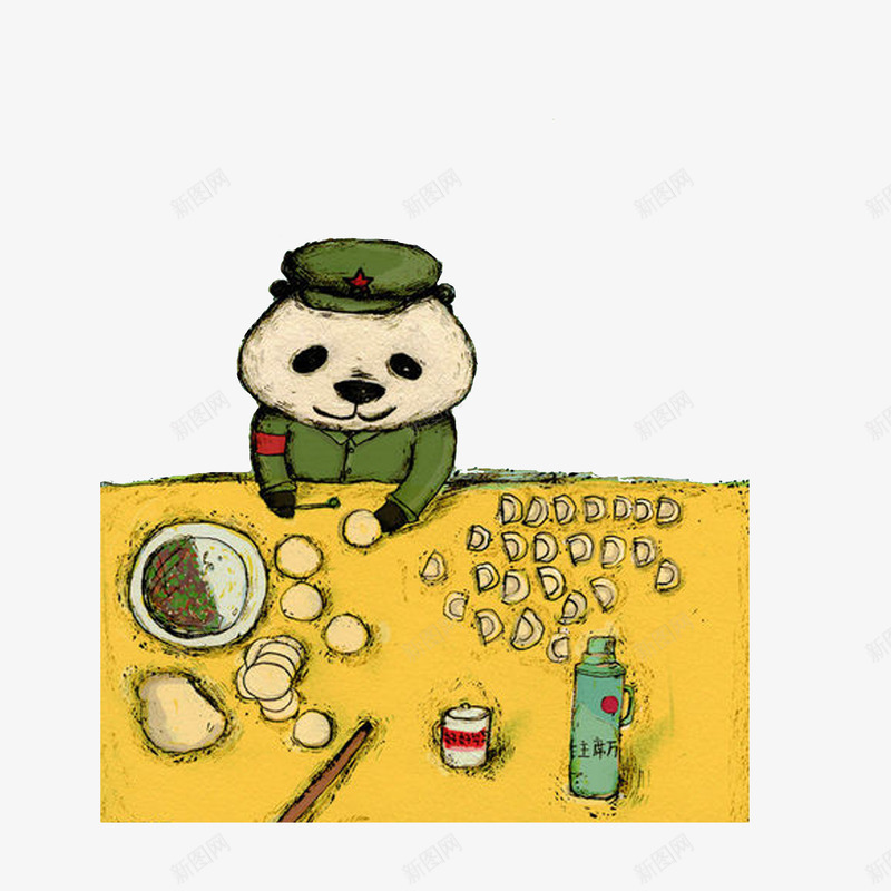 穿着军装包饺子的熊猫png免抠素材_88icon https://88icon.com 包饺子插画 卡通手绘 穿着军装包饺子的熊猫 绿军装