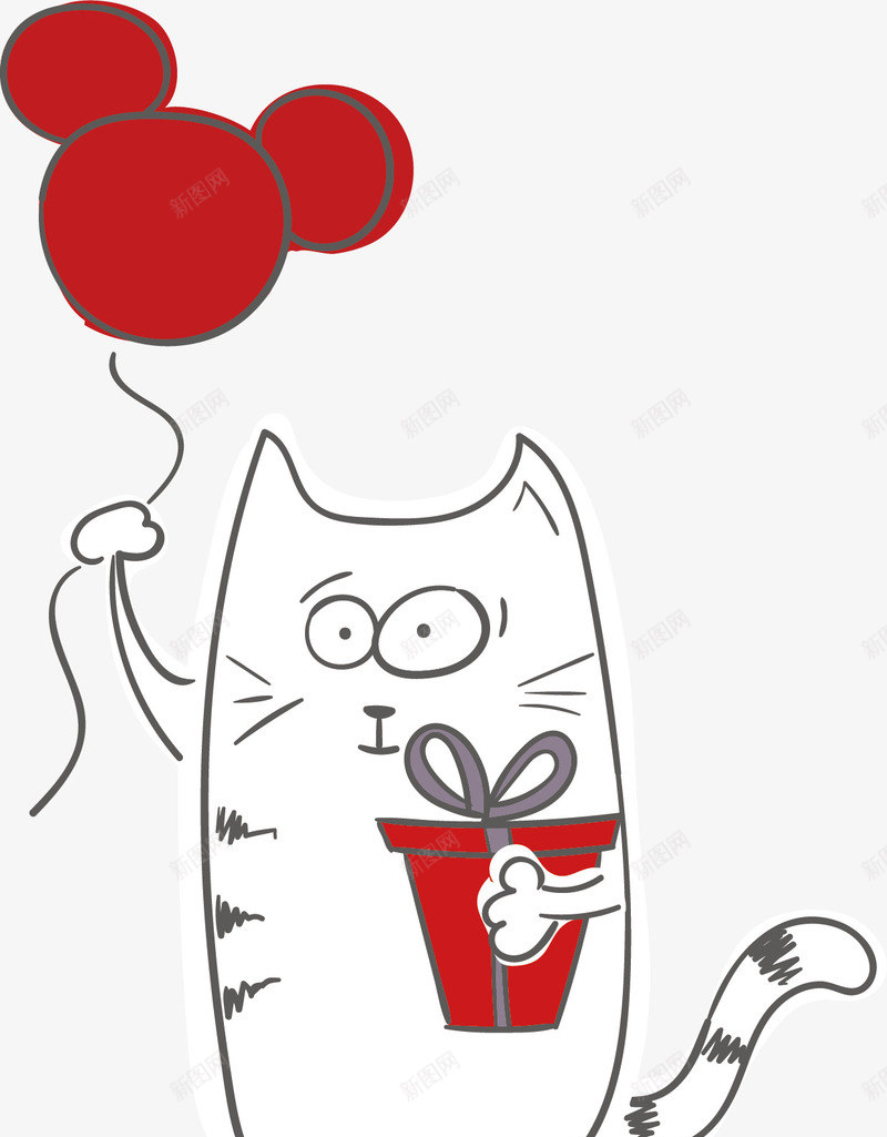 可爱猫咪png免抠素材_88icon https://88icon.com 可爱 宠物 手绘 猫咪 瞪眼睛 礼盒 红色气球 胡须