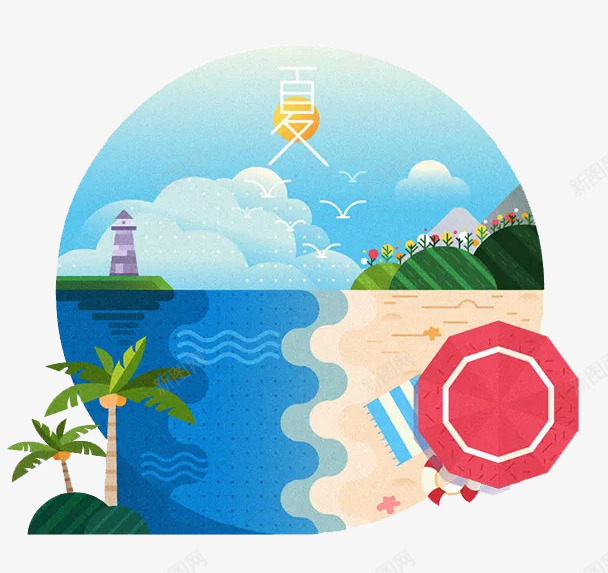 沙滩大海png免抠素材_88icon https://88icon.com 卡通 夏日 大海 椰子树 沙滩 红色 蓝色 黄色