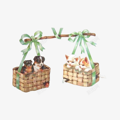 扁担猫咪png免抠素材_88icon https://88icon.com 扁担 手绘 棕色 猫咪 筐子 蓝色 蝴蝶结 飘带