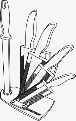 手绘厨房刀具刀架与刀子素材