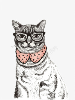 卡通手绘素描戴眼镜猫咪素材