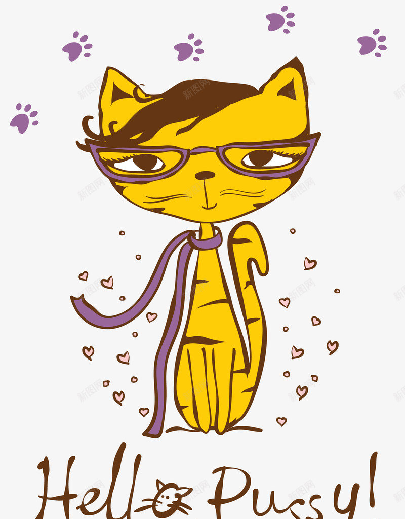 黄色可爱猫咪手绘图png免抠素材_88icon https://88icon.com 卡通 围巾 坐着 手绘 水墨 猫咪 眼镜 黄色猫咪