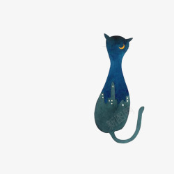 手绘水彩蓝色猫咪素材