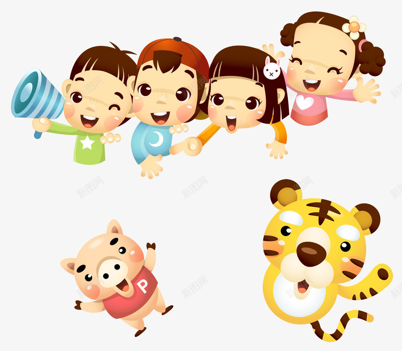 卡通小孩小猪老虎装饰背景png免抠素材_88icon https://88icon.com 