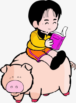 坐在猪背上看书的小女孩素材