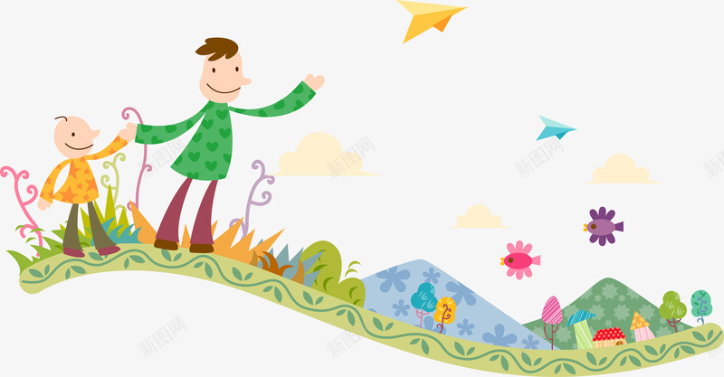 游玩卡通png免抠素材_88icon https://88icon.com 大山 小男孩 小鸟 游玩 郊游