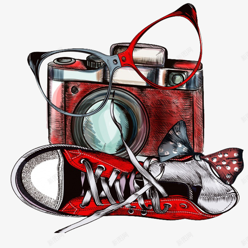 手绘相机鞋子眼镜png免抠素材_88icon https://88icon.com 手绘 相机 眼镜 红色 装饰图案 运动相机 鞋子