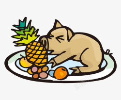 卡通餐盘上的猪与菠萝素材