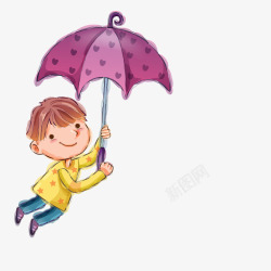 手绘可爱插图撑雨伞的小男孩素材