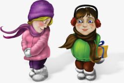 雪地里的女孩雪地里的两个卡通女孩高清图片