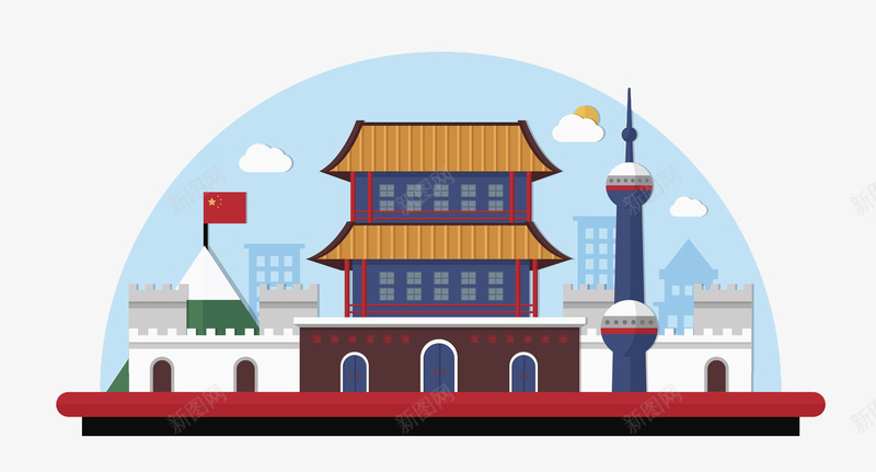 中国著名建筑png免抠素材_88icon https://88icon.com 东方明珠塔 五行旗 古典建筑 国旗 牌坊 电视台