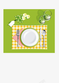 清新草绿色桌布及餐具摆设素材